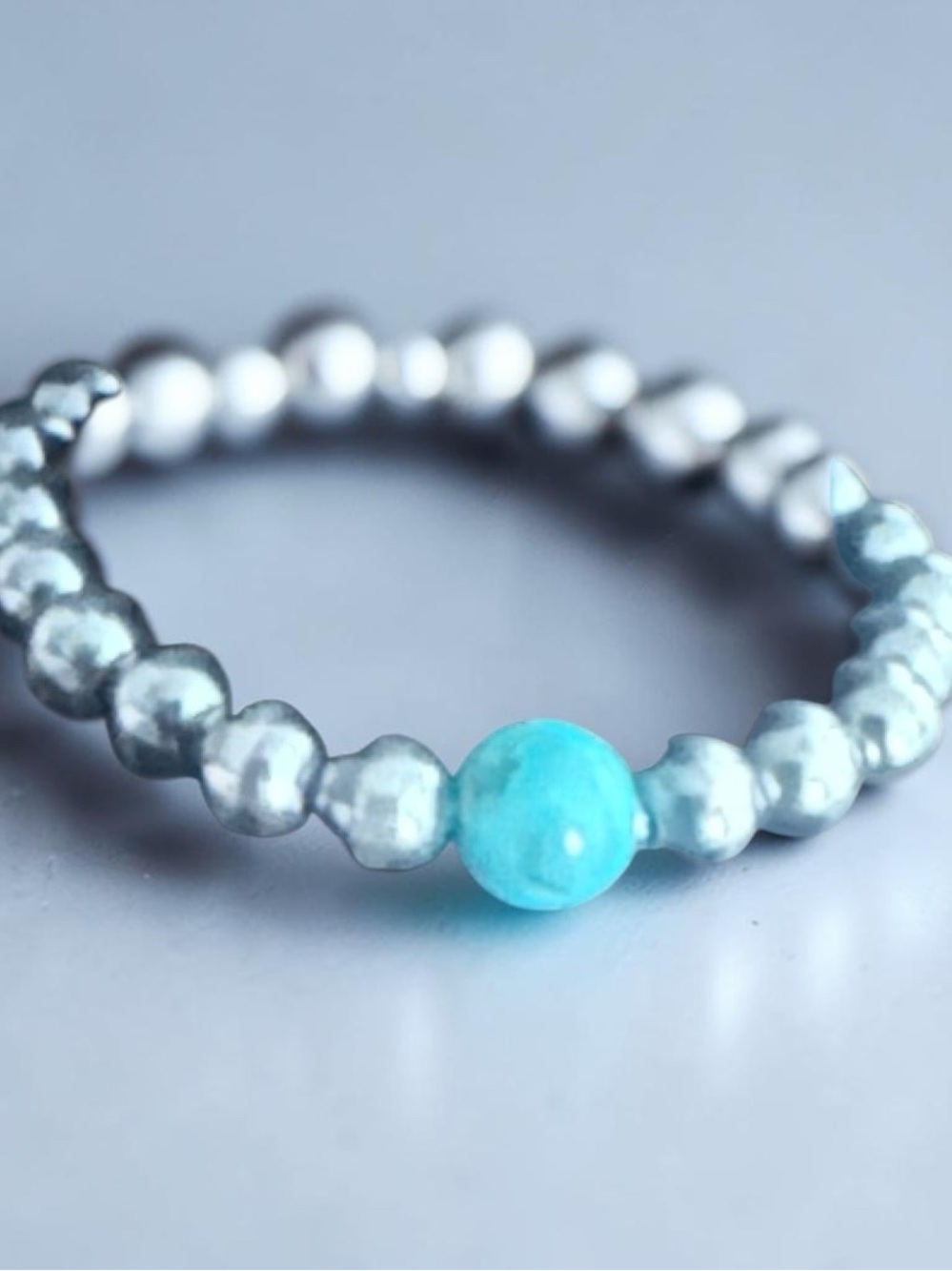 3mm Round Turquoise and Silver Pearl Stretch Ring
